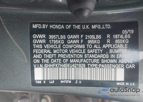 2019 Honda Civic Sport from USA, damaged, VIN SHHFK7H45KU421929